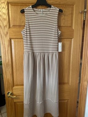 Three Dots Beige and White Striped Midi Dress
